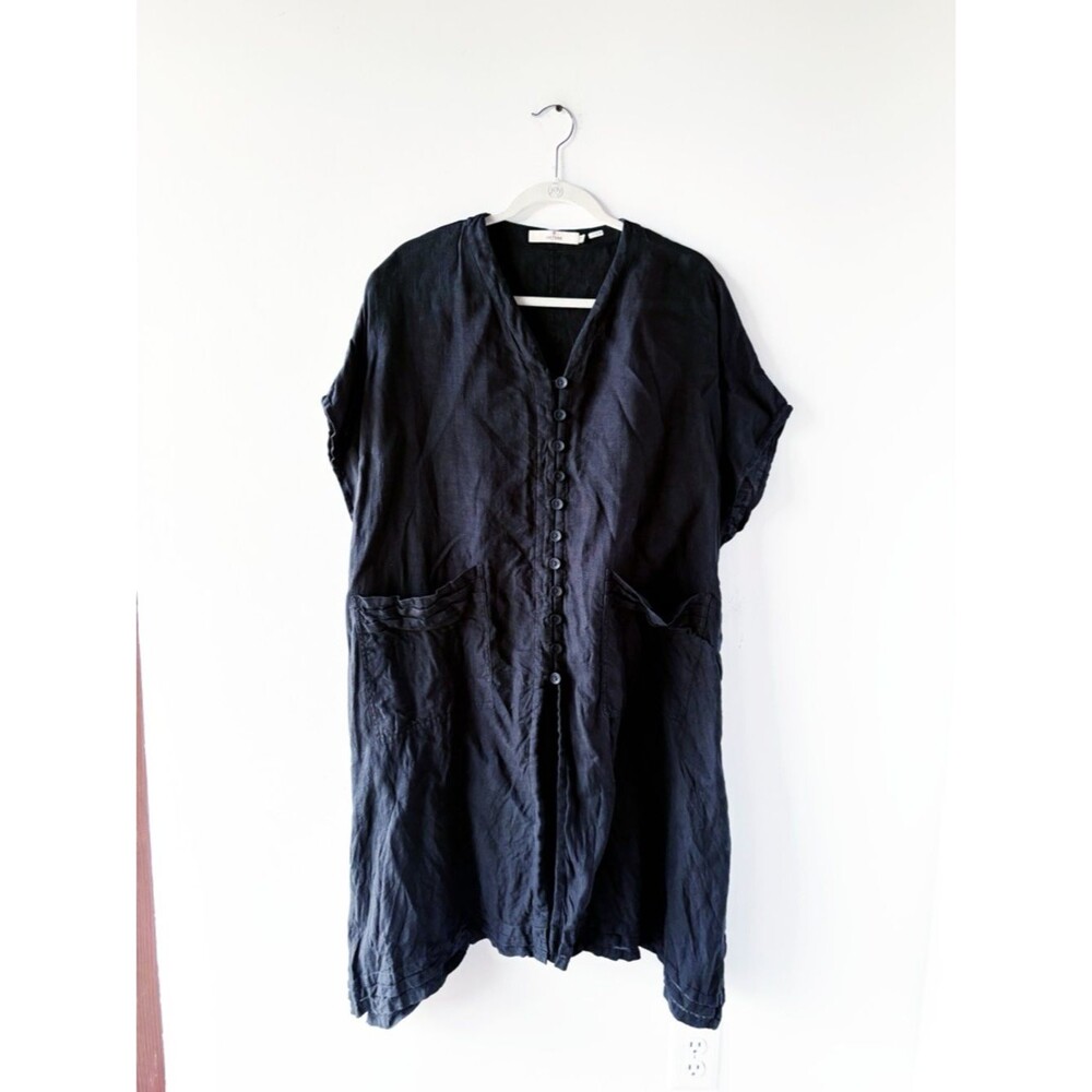 Cheyenne Black Linen Button Front Midi Dress Asymmetric Pocket Lagenlook S